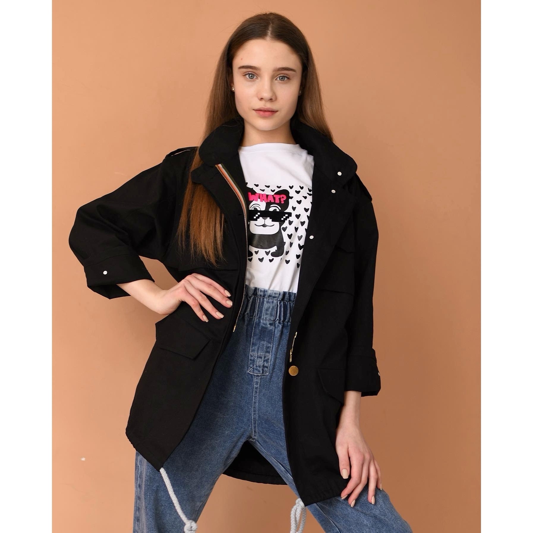Lightweight denim parka for girls - black - Lemoni Boutique