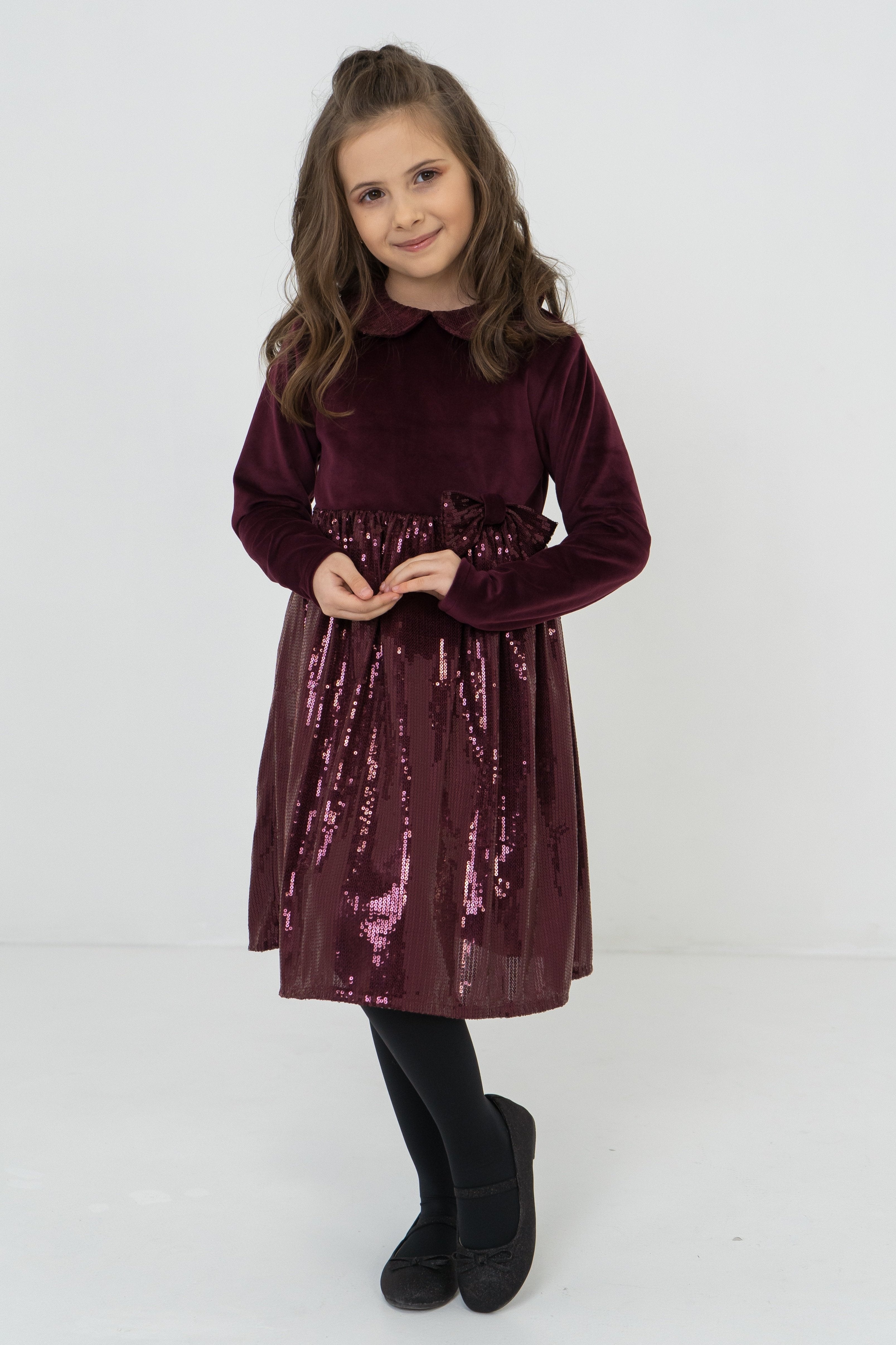 Girls´s  festive velours dress with sequined elements - bordeaux - Lemoni Boutique