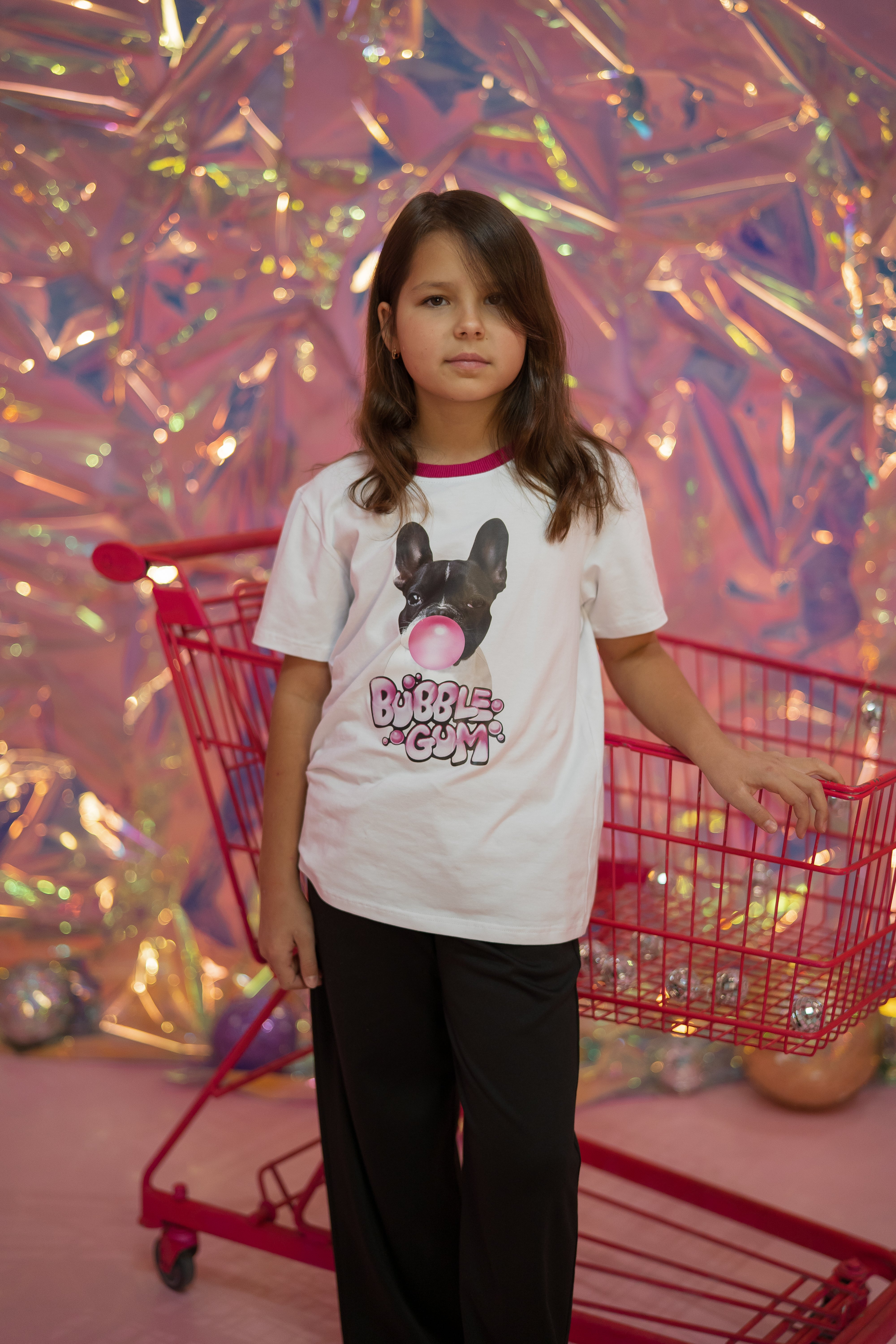 Girls´ and boys´ classic T-shirt featuring bulldog Bubble Gum print - white - Lemoni Boutique